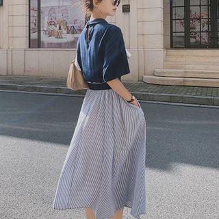 Short-sleeve Striped Tie-waist Midi Shirt Dress