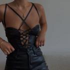 Sleeveless Faux Leather Halter Neck Cutout Crop Top
