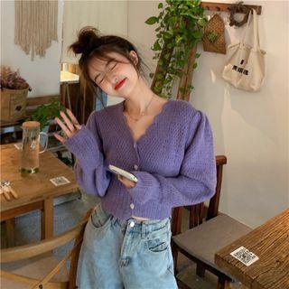 Puff-sleeve Pointelle Knit Cardigan Purple - One Size
