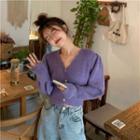 Puff-sleeve Pointelle Knit Cardigan Purple - One Size