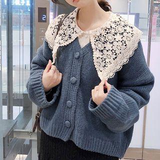 V-neck Cardigan / Lace Collar Long-sleeve Blouse