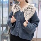 V-neck Cardigan / Lace Collar Long-sleeve Blouse