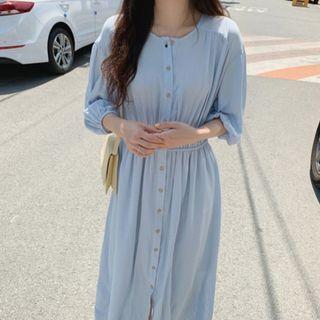 Puff-sleeve Shirred Midi A-line Dress Light Blue - One Size