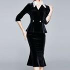 Set: 3/4-sleeve Lace Trim Velvet Peplum Blouse + Midi Mermaid Skirt