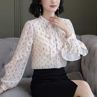 Ruffle Trim Floral Tie-neck Blouse