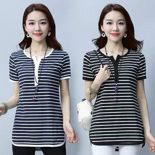 Short-sleeve Striped Placket T-shirt