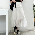 Band-waist Chiffon Panel Tiered Midi A-line Skirt