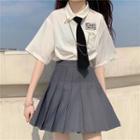 Short-sleeve Shirt With Necktie And Chain / Pleated Mini A-line Skirt / Set