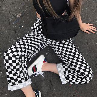 Drawstring Waist Check Wide-leg Pants