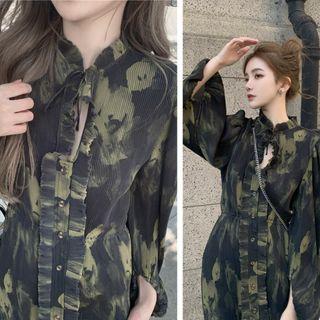 Long-sleeve Print Dress Green - One Size