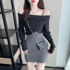 Set: Long-sleeve Off-shoulder Top + Spaghetti Strap Mini Bodycon Dress Set Of 2 - Top & Strap Dress - Black & Gray - One Size