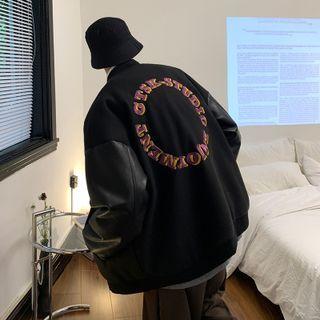 Faux Leather Sleeve Lettering Embroidered Jacket