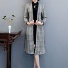 Set: Sleeveless Mini Cheongsam + Long 3/4-sleeve Plaid Coat