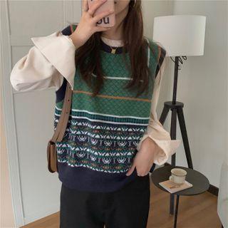 Patterned Knit Vest Vest - Green & Blue - One Size