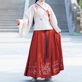 Floral Embroidered Long-sleeve Hanfu Top/ Maxi A-line Skirt