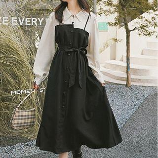 Mock-two-piece Long-sleeve Plain Shirt Panel Lace Up Spaghetti-strap Midi Dress