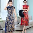 Cap-sleeve Traditional Chinese Floral-print A-line Dress