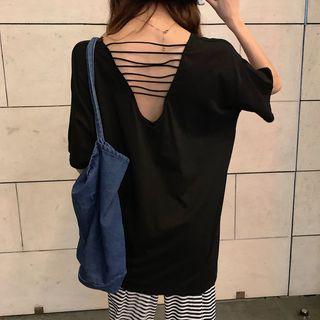 Short-sleeve Open Back T-shirt Dress / Striped Loose-fit Pants