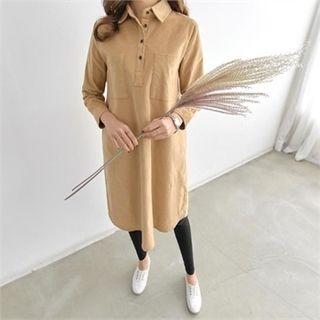 Half-placket Dual-pocket Corduroy Shirtdress