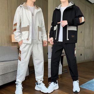 Set: Color Block Hooded Zip Jacket + Cropped Harem Pants