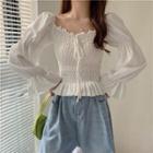 Long-sleeve Square-neck Smocked Chiffon Blouse