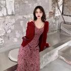 Button Cardigan / Spaghetti Strap Midi Floral Dress