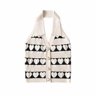 Collared Halter Heart Print Button-up Knit Tank Top
