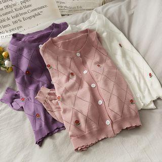 Embroidered Button-down Argyle Knit Top