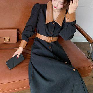 Long-sleeve Single-breasted Midi Collared Dress