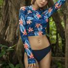 Set: Leaf Print Long-sleeve Tankini + Swim Pants