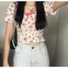 Short-sleeve Floral Print Crop Top Light Red Floral - White - One Size