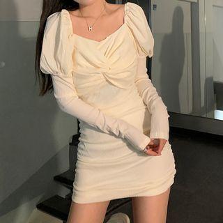 Puff-sleeve Knotted Sheath Dress