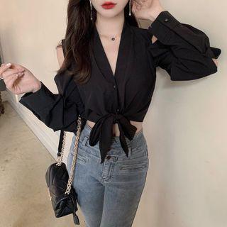 Long-sleeve Cold Shoulder Tie-front Cropped Blouse