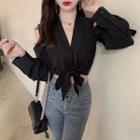 Long-sleeve Cold Shoulder Tie-front Cropped Blouse