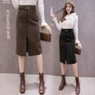 High-waist Plain Split Woolen Skirt
