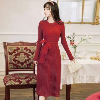 Long-sleeve Sashed Knit Midi A-line Dress