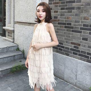 Fringed Sleeveless Halter Dress Almond - One Size