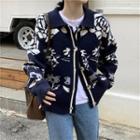 Flower Print Collared Cardigan Navy Blue - One Size