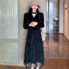 Choker-neck Long-sleeve Fringed Midi Mesh Dress