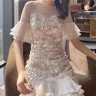 Mesh Sleeve Sequin Mini A-line Dress