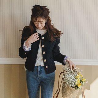Collarless Golden-button Tweed Jacket