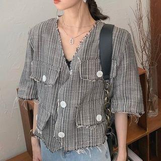 Short-sleeve Frayed Button Jacket