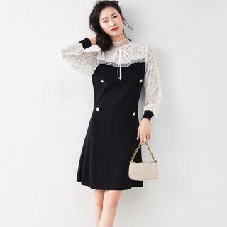 Long-sleeve Dotted Chiffon Panel Knit Mini A-line Dress