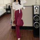 Set: Short-sleeve Lettering Slit T-shirt + High Waist Wide Leg Pants
