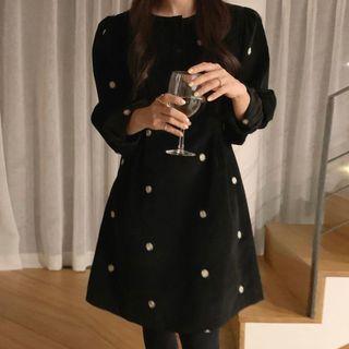 Long-sleeve Embroidered Mini A-line Velvet Dress
