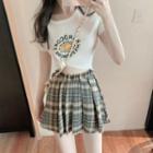 Set: Printed Short-sleeve Cropped T-shirt + Plaid Mini A-line Pleated Skirt