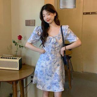 Bow Square-neck Floral Dress