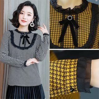 Lace-trim Houndstooth Blouse