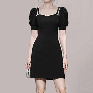 Puff-sleeve Faux Pearl Mini Sheath Dress