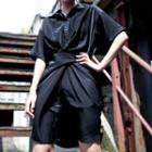 Short-sleeve Tie-waist Long Shirt Black - One Size